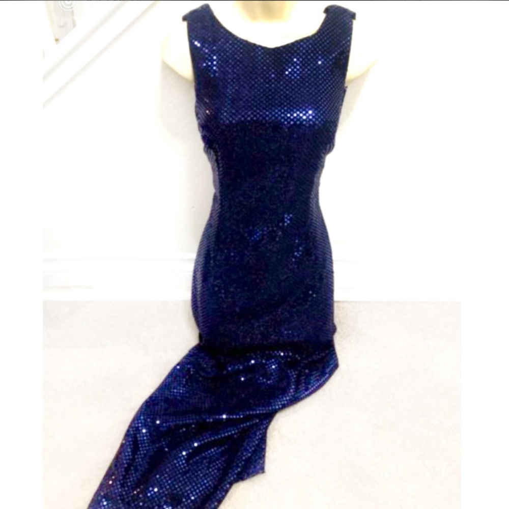 Vintage Roberta 90’s Blue Sequin Backless Gown Dress 10